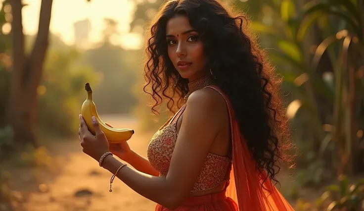 (photorealism:1.2), beautiful hot Indian bhabhi dance, big boobs, long curly hair, outdoors, romantic background,hot and romantic pose, realistic, eating banana