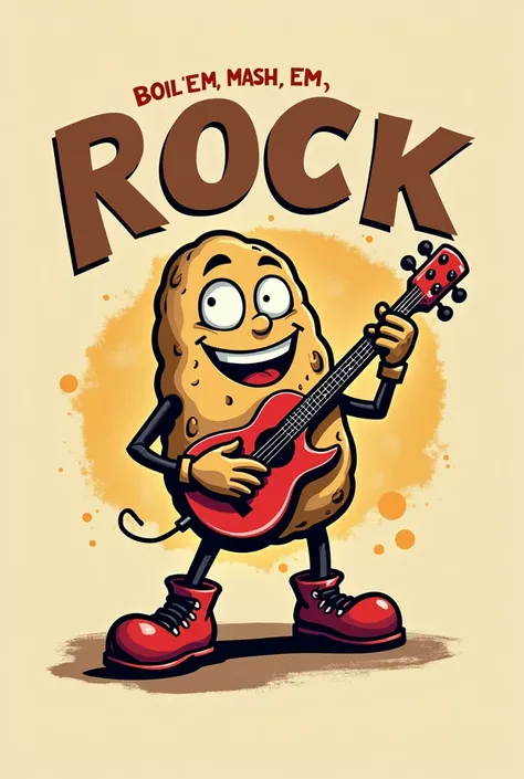 Im in need of a design featuring a humorous potato character with the slogan "Boil Em, Mash Em, Rock Em All Night, Rock N Potato!" The design should be bold and outrageous, catering to the playful and lively spirit of my business, 

Key Requirements:
- The...