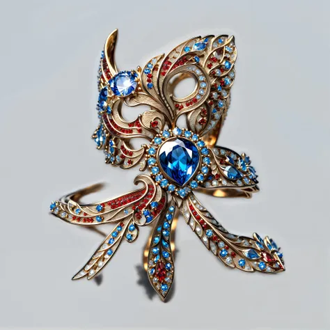 masterpiece, Top quality,( Only rings ),( no one),With a phoenix , starry sky , Beautiful,戒指中的 starry sky ,luster,Invert image,The shiny red , White, and a blue gemstone ,Elegant and noble, The magical pattern on it emits a Tyndall effect light, ...