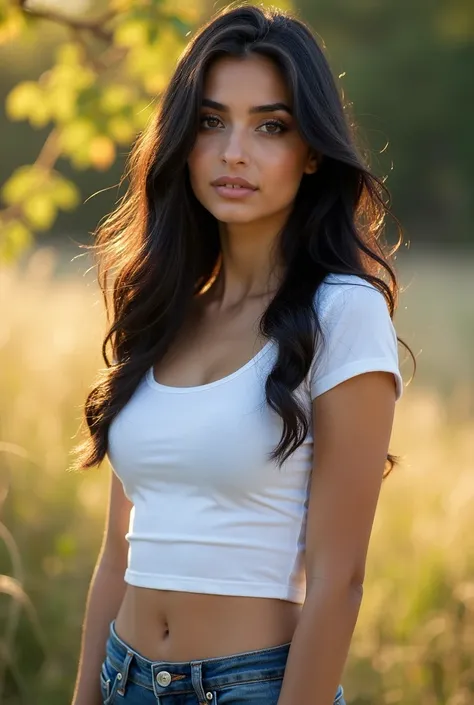 1 girl, beautiful face, attractive face, beautiful eyes, long black hair, white t-shirt and jeans, outdoor, sun, posing like a model