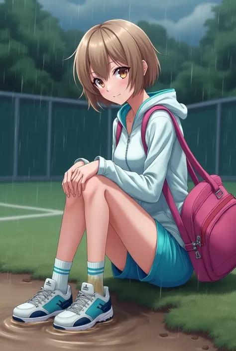 Anime athletic girl, looking with apologizing smile to the viewer, view from the front left side, focus on her feet, dark clouds, wearing soaked white and light blue tennis outfit, blue shorts, Turquoise jacket, very light brown short hair with bobcut, dir...