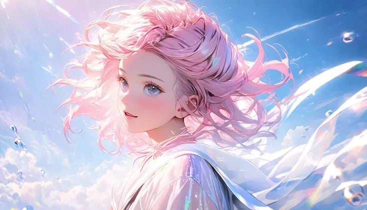 8k,17-year-old female， Extremely delicate and beautiful, beautiful and realistic skin ,  long, shiny pink hair, symmetrical , Im walking while looking at the clear sky 