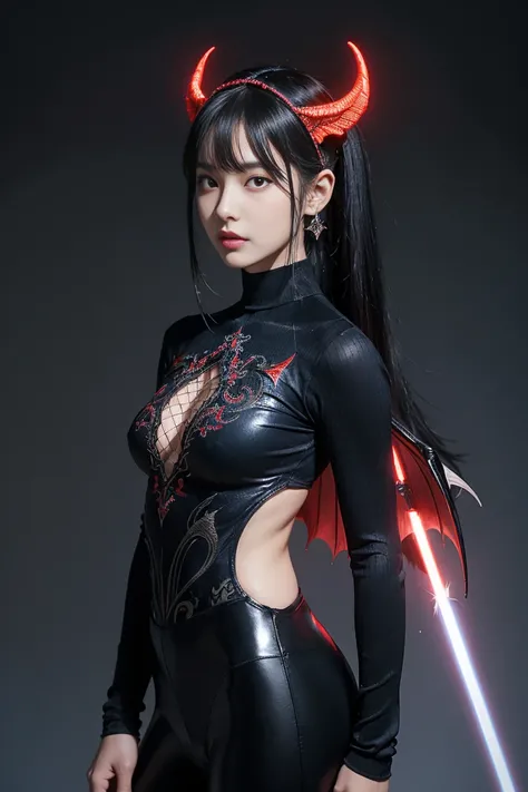 (masterpiece), ( top quality ), ( more), light layer,  Glowing Skin , (intricate  more ,  tight clothes, , Devil Wings,headdress :1.2), From above,  black hair, Black Choker ,  long hair, Hime cut,  multicolor wig  , bang, Side hair,  red eyes, Holding a S...