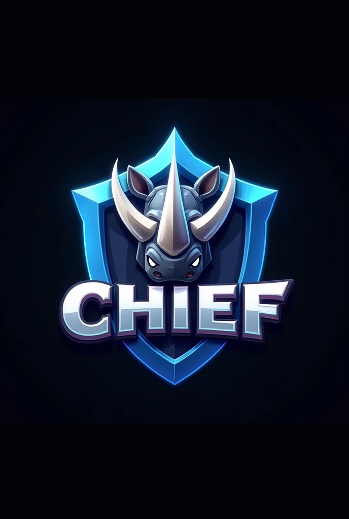 mobile game logo with name "CHIEF" and iconic simbol is "rhinoceros" with blue, silver, and white colour. black background