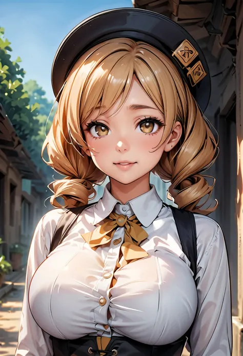 (Highest quality:1.24, Very detailed, Delicate and beautiful CG art, Detailed illustrations, High detail, masterpiece:1.2, Highest quality, Best aesthetics), (((1 Girl))), (Tomoe Mami, White shirt, corset, hat, Big Breasts, Droopy eyes:1.4, Twin Drill), Sh...