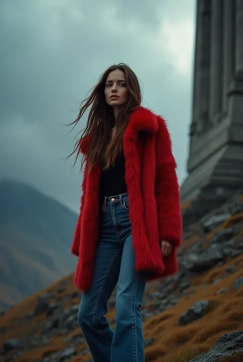   A professional photographer shoots a beautiful girl with long brown hair，She is wearing a red fur coat .  jeans .  Black Shoes  .   against a towering background with a dramatic sky  .   .