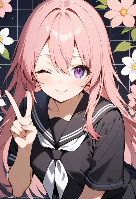 best quality, amazing quality, great quality, absurdres, 1girl, solo, pink hair, purple eyes, hair between eyes, long hair, black sailor collar, black skirt, school uniform, serafuku, white neckerchief, standing, v, upper body, looking at viewer, floral ba...