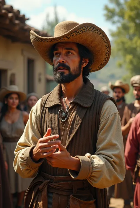  Troubadour Zequinha with a beadless mustache hat,  Reciting a poem 