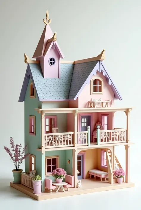 Generate the image of a wooden dollhouse according to these hexadecimal codes : #9f8ec3, # eba9cc , # fabfbb , #ffffff, #a5d8c4 , #7bc7ef, #f7ebb1. Le fond de l’image doit être blanc.  