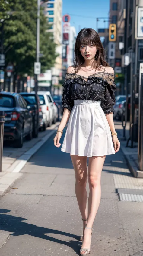 a beautiful young Japanese woman, 24 years old, with healthy thighs, beautiful legs, flawless skin, random hair color and hairstyle, large breasts, a hostess wearing a hostess dress, high heels, (she is standing:1.2), full body shot, holding a purse in one...