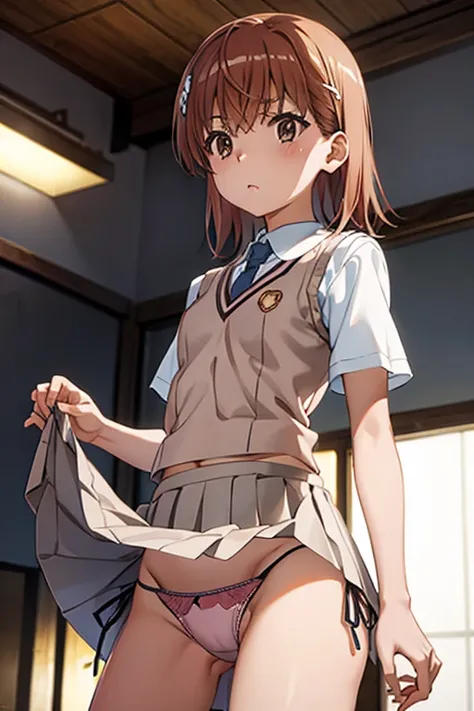 Mikoto misaka.、A Certain Scientific Railgun、girl、Small breasts、whole body,blush,Short sleeve blouse、Beige knit vest、Darkgrey plain pleated skirt、best quality,(g-string:1.1),(side-tie panties:1.4),(skirt lift:1.4),(panty shot:1.3),