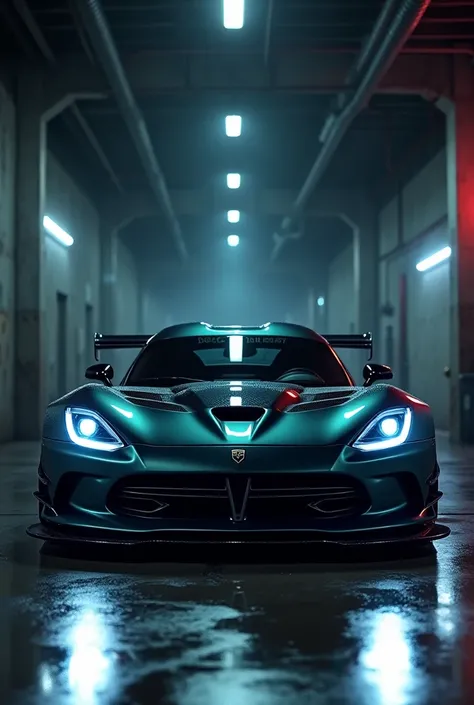 A front shot of a modified Dodge Viper in a dark, moody garage. The cars aggressive features are in full view-showcasing a wide body kit, sharp headlights, a sleek carbon fiber hood, and a large front splitter. The environment is dimly lit, with soft indus...