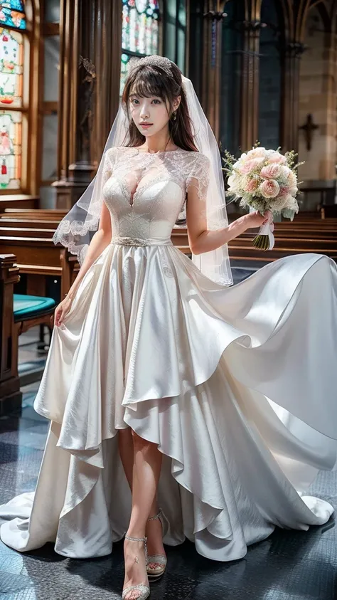 A beautiful young Japanese woman, 26 years old, with healthy thighs, beautiful legs, flawless skin, random hair color and style, large breasts, wearing a (wedding dress:1.3), (she is standing:1.2), full body shot, high heels, holding a bouquet in her hands...