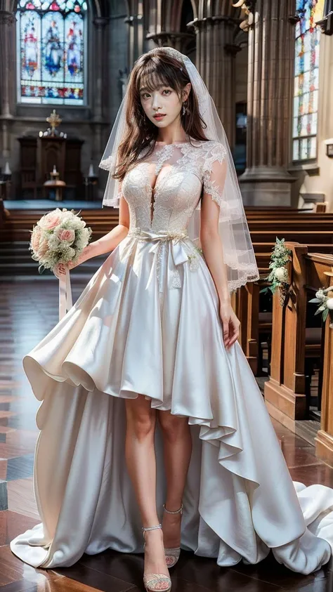 A beautiful young Japanese woman, 26 years old, with healthy thighs, beautiful legs, flawless skin, random hair color and style, large breasts, wearing a (wedding dress:1.3), (she is standing:1.2), full body shot, high heels, holding a bouquet in her hands...