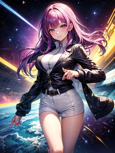 galaxy and gravity and planetary and star energy design fashion， female middle school student，Space Girl， track jacket， LEATHER JACKET，Everything is new ，everything is perfect ，10 girls are pictured 。 high school girl，JK，masterpiece， super high definition ...