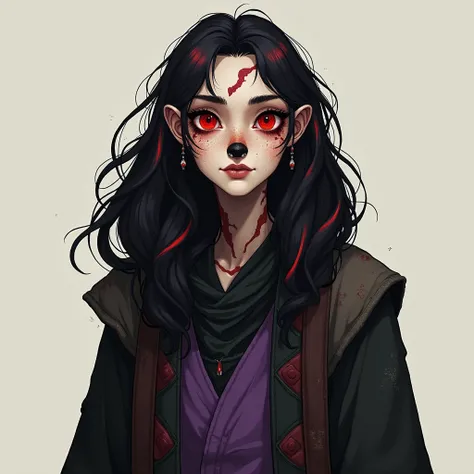  Physical Appearance

Race : Lefou.

face: square,  with freckles scattered on the cheeks and a red spot reinforcing the Lefou origin.

Hair: curly, voluminous,  long waist length . Black as ebony,  with red locks that seem to pulsate slightly ,  like a ma...