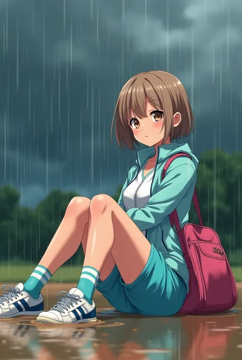 Anime athletic girl, looking with apologizing blushing smile to the viewer, view from the front left side, focus on her feet, dark clouds, wearing soaked white and light blue tennis outfit, blue shorts with big wet spots, Turquoise jacket, very light brown...