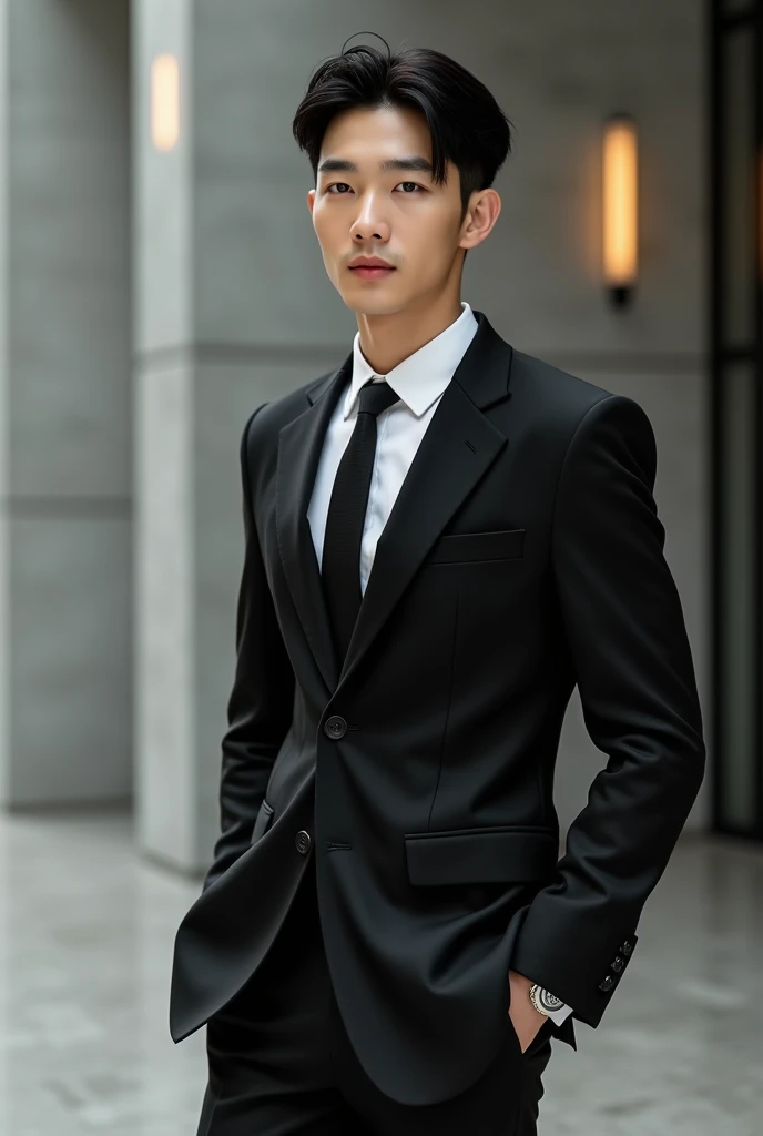 A 25-year-old Korean man wears a black suit 