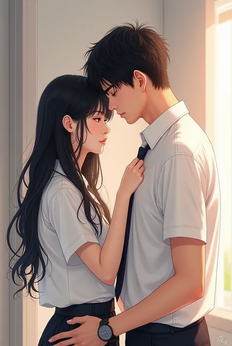  Create to image from prompt Romantic illustration of a young Korean couple looking at each other soulfully .  A beautiful Korean woman with long black hair unraveled ,  wearing a short-sleeved white high school uniform leaning gently on a handsome man Kor...