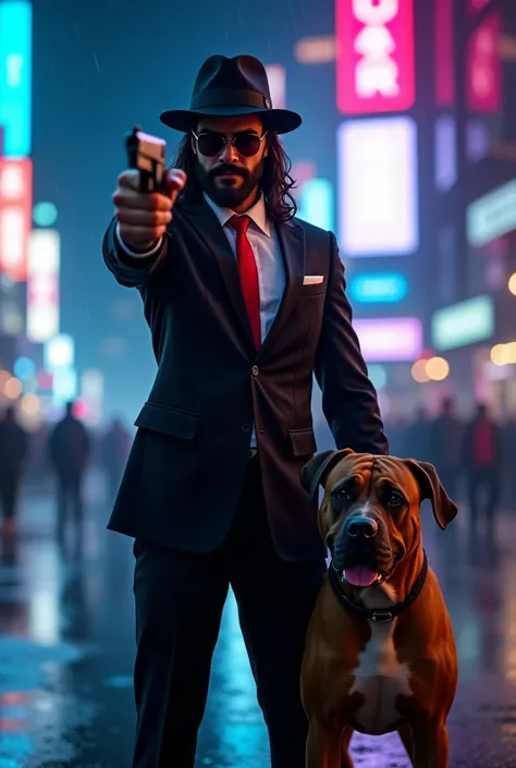  a photo of a 30-year-old American man , long haired, standing in the middle of the city at night with the sparkling blue city lights, purple,  and pink ,  city atmosphere raining ,  background blur of crowds and vehicles ,  wearing black suit ,  white und...