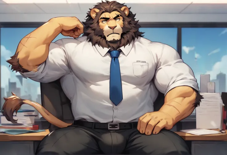 lion, , 1st son, male, Alone, Fat , Muscular, big , pectoral muscles,  Stunning Face ,  body scar , middle age,  shirt, Navy blue tie , Office background,  dark eyebrows,  good-looking,  beards , Sitting,  blunt,  tempting, sexy, Fluttering ,  Detailed Bac...