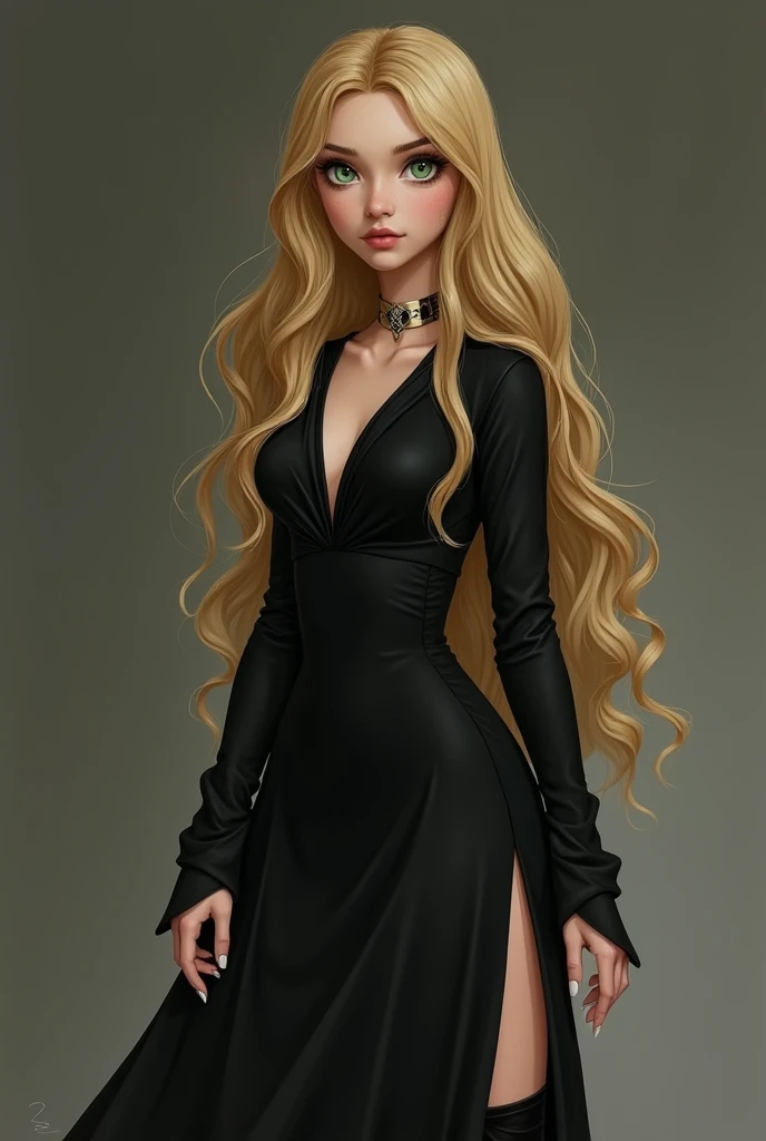 girl,  18 years old,  with long golden hair down to below the waist,  A serious expression , But tender , and green eyes and small breasts  .  Her hair features black highlights .  She wears modern-style clothes  ,  a long black dress with a slit in the le...