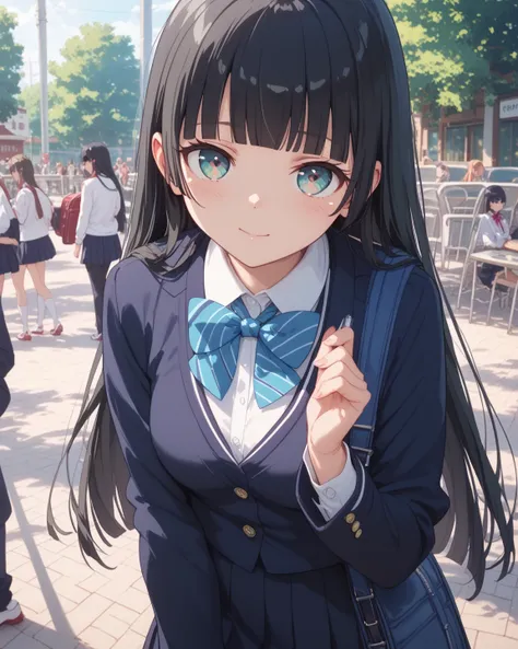  High Quality 、masterpiece、( 1 girl)、 long black hair、((blunt bangs)),  school uniform