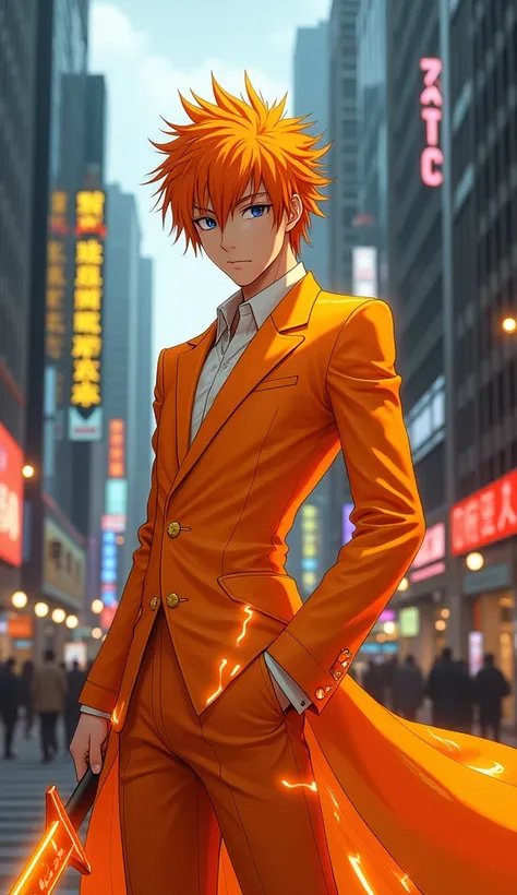 A hyper-realistic fusion of Ichigo Kurosaki from the anime Bleach and an orange, where the orange elements dominate. Ichigo’s hair is vibrant, resembling the rich, smooth texture of an orange peel, while his Shinigami outfit is transformed into a bright or...