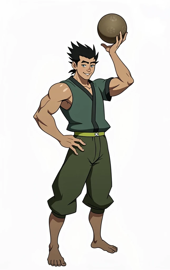 Bolin  , shirtless and barefoot  ,  with green shorts, Animation style from the original show The Legend of Korra 