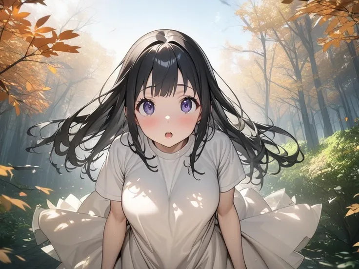  anime style、 fall leaves for vaginal discharge、 A young Japanese woman 、 black hair、 shortcut、 white t-shirt 、 miniskirt、A tree-lined street in the forest 、 is transparent and has a refreshing atmosphere、Figure looking up at the sky、 soft light 、 exciteme...