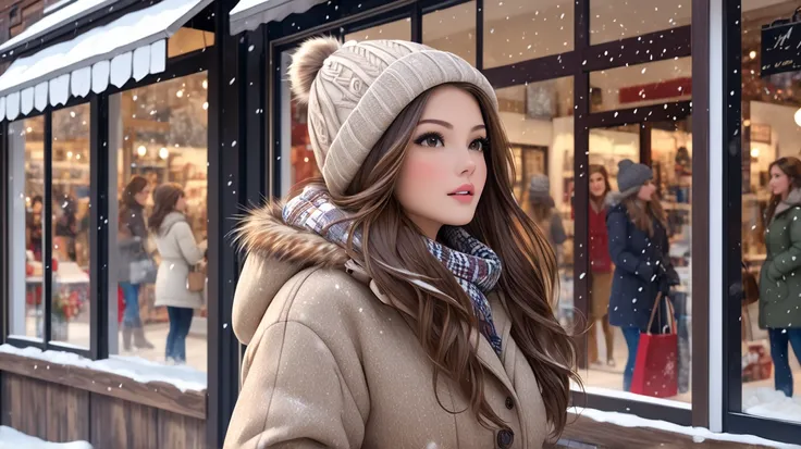 Winter afternoon, falling snow, Beautiful Women of America in casual winter clothes looking inside a shop. Description: Photorealistic, Masterpiece, Top quality, RAW photo, Solo, Semi long hair, Brown hair, Detailed face, Attractive face, Dynamic pose.