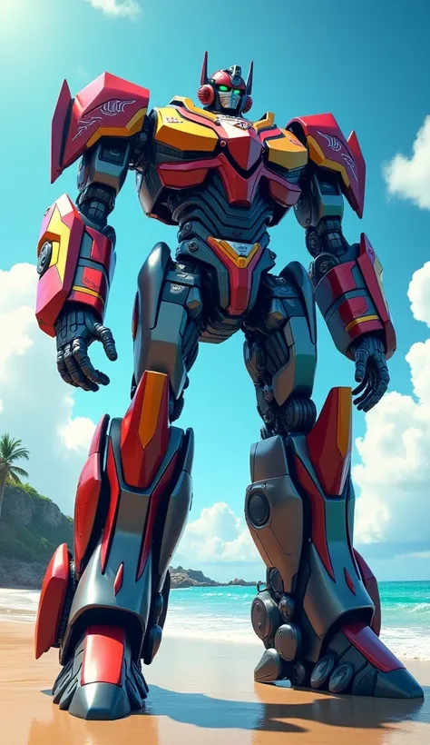 Megatron, wearing luffy one piece armor, on the beach, Realistic foto