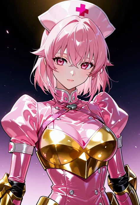  Musculoskeletal, Shiny golden armor with pink metallic details, An anime nurse in a latex suit