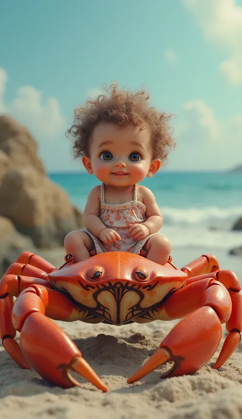 Make a realistic cute baby sitting on the back of a giant crab