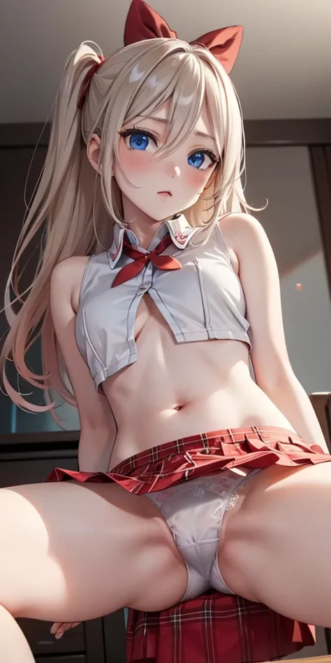 (realistically, รูปถ่ายrealistically:1.2), (( top quality )),  moves the center of gravity backwards,  Sexy A bit shy , Long hair, Blonde, Hairline , Red Ribbon,  Side Locked Hair , , the hair between the eyes,  Ponyface ,  blue eyes ,  Open Breasted Cloth...