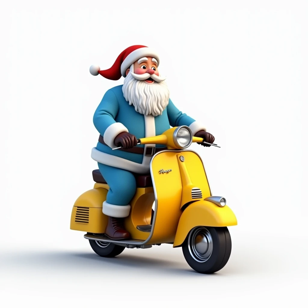 The side scene shows Santa Claus dressed in his traditional blue Christmas outfit on a yellow motorcycle, with a completely white background.