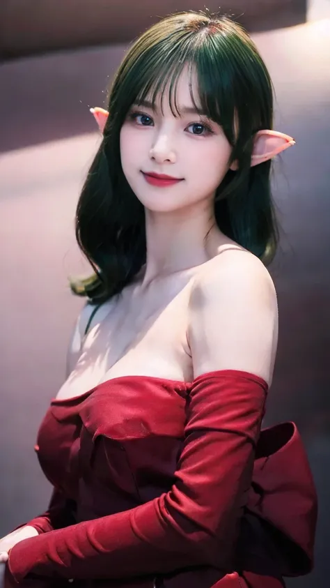  ((masterpiece,best quality,ultra-delicate,Perfect Face,16k,very detailed eyes,high resolution,very beautiful girl,sharpness,raw photo,18 years old)),bright green color hair:2.0,Red strapless bodycon tube dress with huge red bow on the back:2.0,Red long ar...