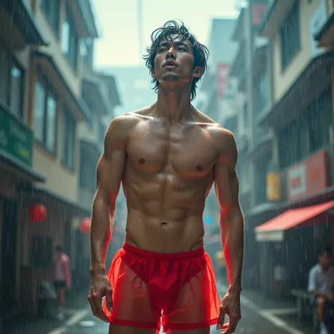  surrenders,photograph, super high definition ,A handsome Japanese musician male wearing transparent red boxer shorts made of ultra-thin see-through fabric with a high sense of transparency that sticks to his skin while getting wet and singing while gettin...