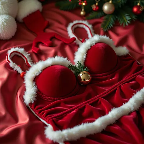 Two-piece Christmas lingerie set made of red velvet, its edges are made of white plush. In the center of the bra there is a Christmas bell. With Christmas tie holders, long stockings and gloves. on a bed of satin sheets