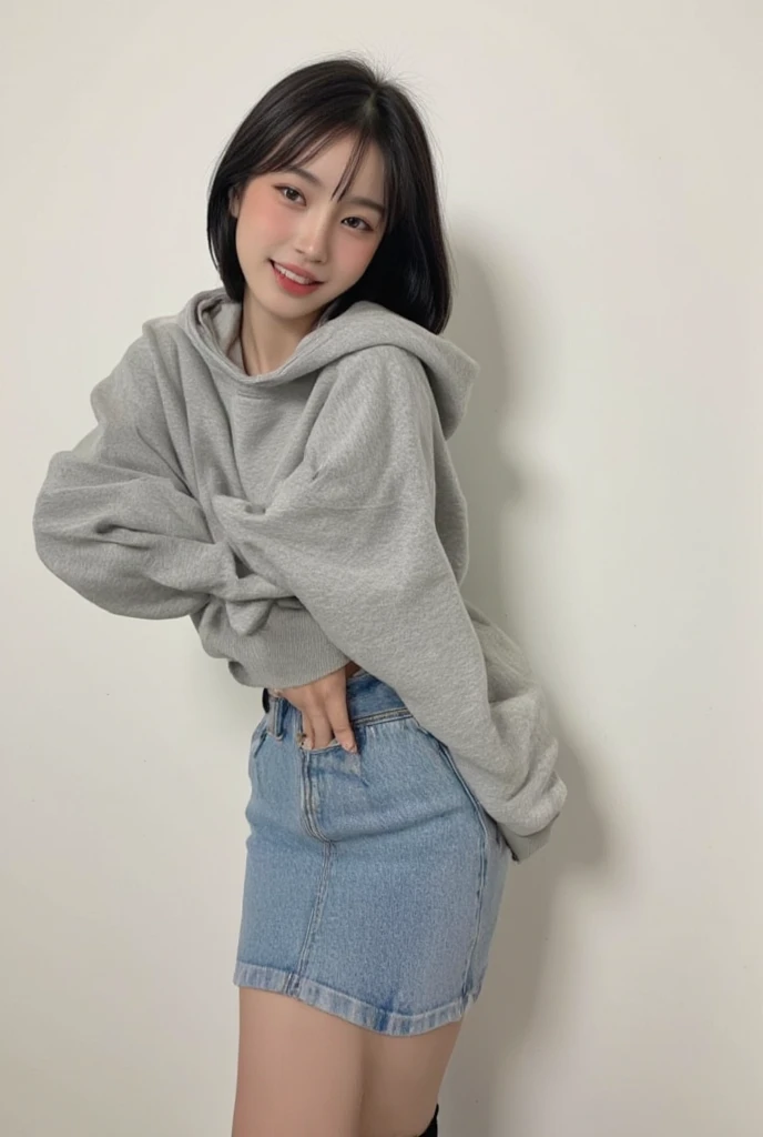 highest quality, Realistic, Very detailed, Finer details, High resolution, 8k wallpaper, One beautiful woman Standing in the house:1.3(white wall background), smile,（Black socks） Oversized hoodie, Skinny jeans, Black Hair, Beautiful Bangs, Perfect dynamic ...