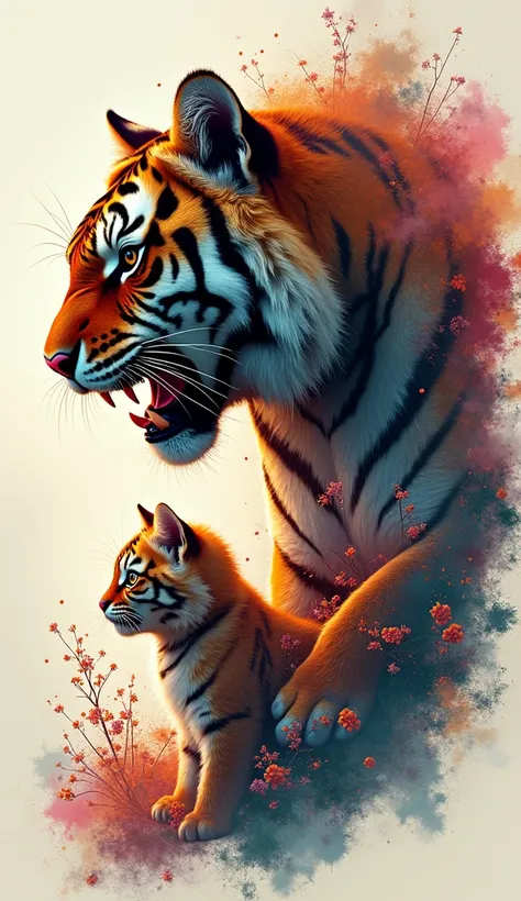 Conceptual art. Masterpiece. Double exposure collage. 3D color sketch. 16K. UHD. high quality, photorealism. Thematic background. Dynamic plot. An angry, menacing tiger turns into a cute kitten. Rich colors. Stunning full color design, sharp focus, intrica...