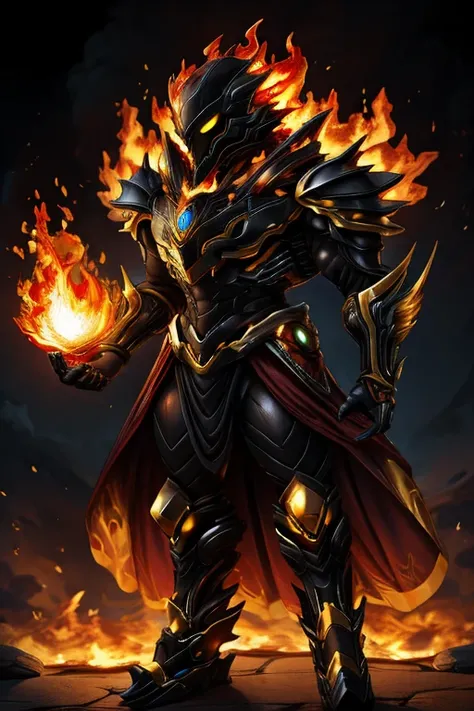 Fire Phantom 、 has a head of fire 、 wearing flaming armor、whole body、Alien