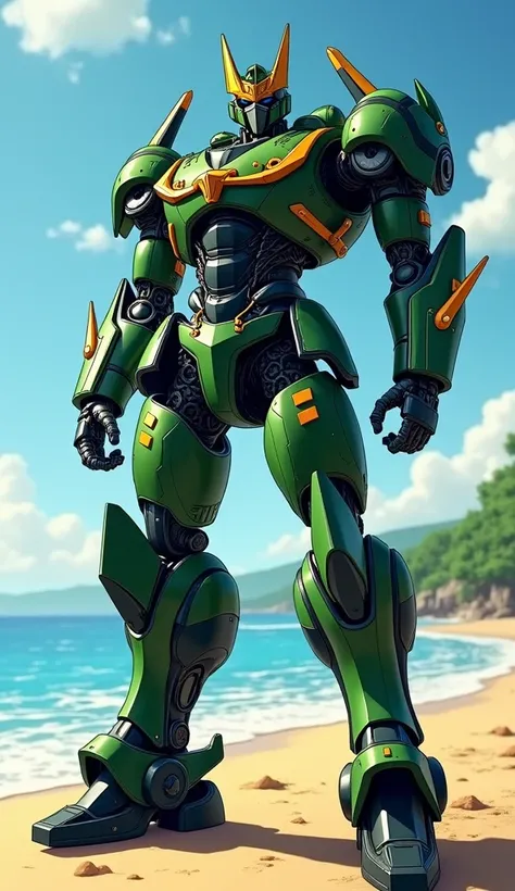 Megatron, wearing roronoa zoro one piece armor, on the beach