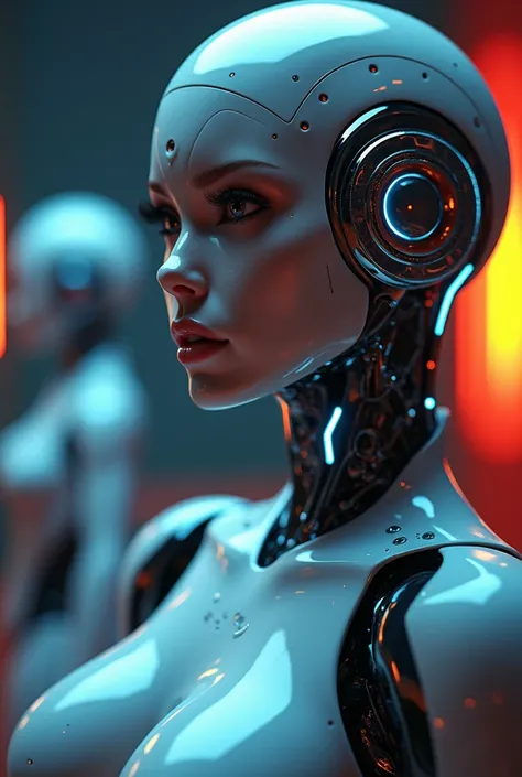 A beautiful female robot masseuse, incredibly detailed and realistic, highly detailed skin and metal body, glowing blue LED lights, sleek and shiny chrome finish, delicate feminine features, long eyelashes, alluring expression, extremely photorealistic, 8k...