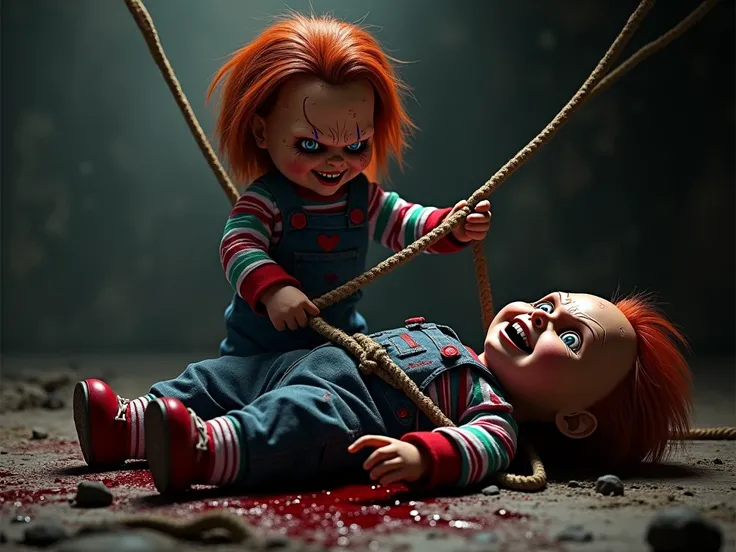 The Chucky horror doll is hang a man into the ground with rope
