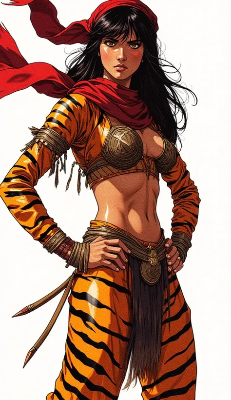 A formidable Saudi Arabian Bedouin female warrior standing against a stark white background, her light brown, sun-kissed skin contrasting with the vivid tones of the tiger skin warrior bikini she proudly dons. Her hazel eyes, sharp and focused, peer into t...