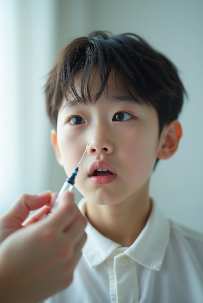 A Korean male elementary school student is afraid as he prepares to get a shot. I see a hand with a syringe opposite the . The  tears up as he sees the shot.
The surrounding background is a white hospital.
a realistic picture, realistic skin