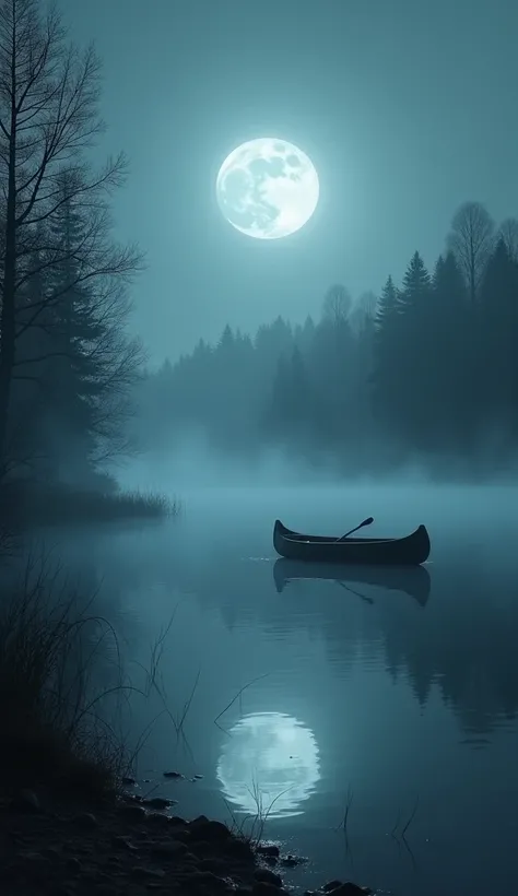 A misty lake under the eerie light of a full moon. The water appears unnaturally still, with faint, ghostly shapes just visible beneath the surface. A lone canoe sits on the shore, and dense woods loom in the background