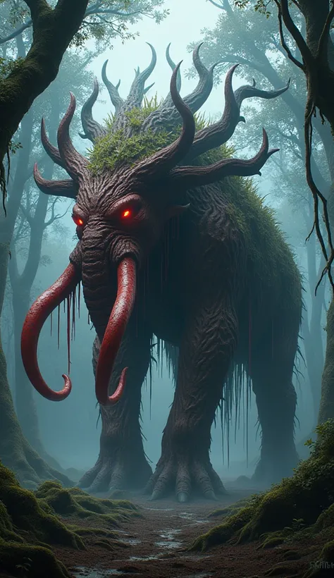 Create a mythical giant demon hybrid, combining a Dragon Blood Tree with a Mammoth. The creature has thick, bark-like skin resembling the Dragon Blood Tree, with branches sprouting from its back, oozing red sap like blood. Its mammoth-like tusks are twiste...