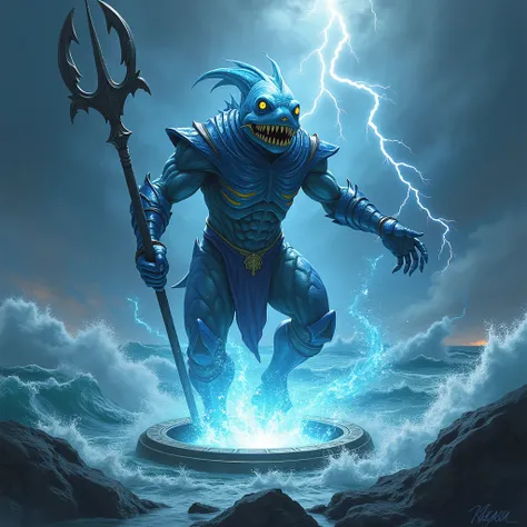 Humanoid fish male, genies, yellow eyes, yellow bones, in the background above the sea waves, blue armor, in hand a trident, lower part of the gaseous body form, comes out of a little ring, thunderstorm, body ready for the battle